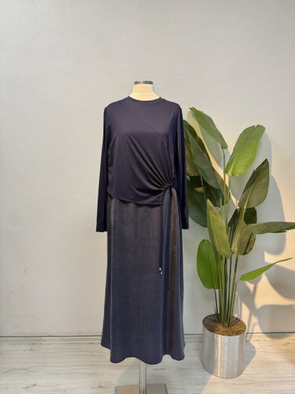 Bel Büzgülü Qupra Elbise – Lacivert Entare Butik