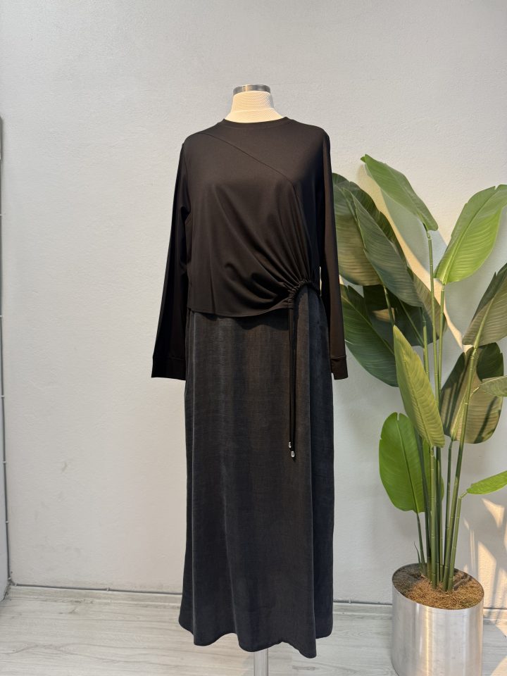 Bel Büzgülü Qupra Elbise – Siyah Entare Butik