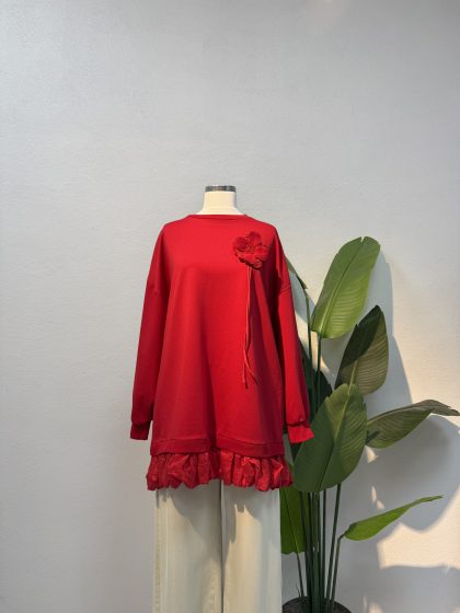 Broş Detaylı Fırfırlı Tunik – Kırmızı Entare Butik