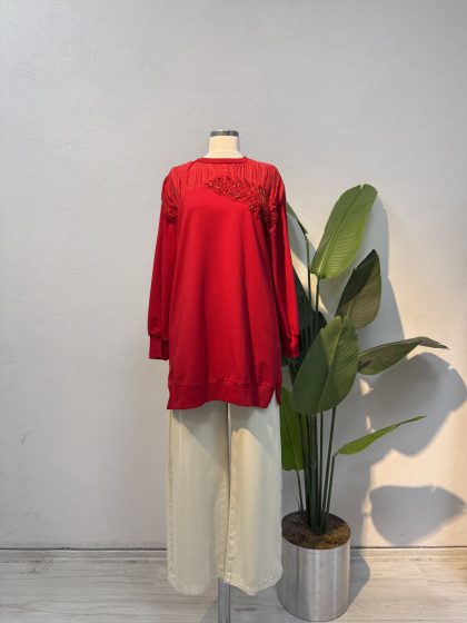 Yaprak Payetli Büzgülü Omuz Detaylı Tunik – Kırmızı Entare Butik